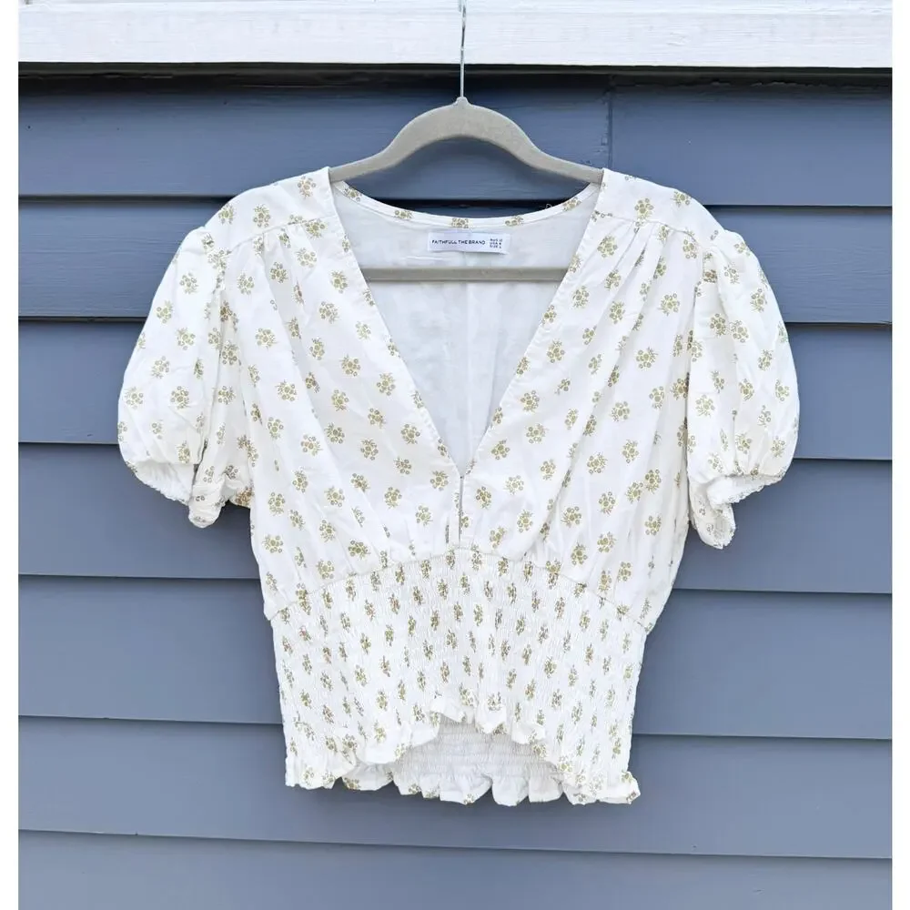FAITHFULL THE BRAND Alba Top V-Neck Smocked Blouse Cairo Floral 8 Large L